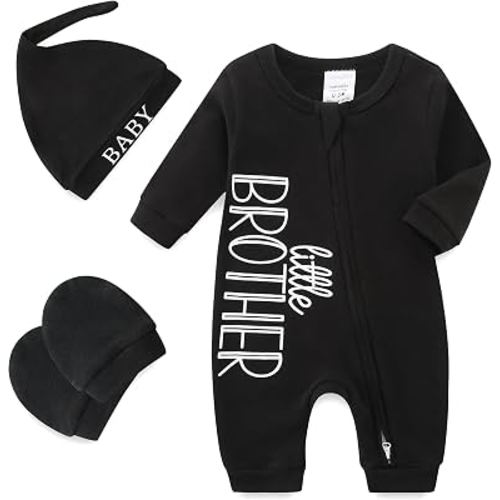 Babymine 100% Cotton 2-Way Zipper Little Brother Newborn Outfit 0-3 Months | Coming Home Romper with Mittens and Hat,Newborn Photography Outfits boy