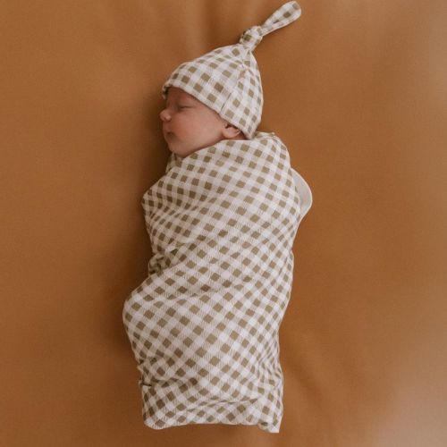 Makemake Organics Organic Swaddle Blanket & Hat Set - Olive Gingham