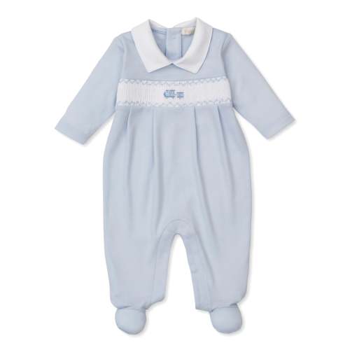 CLB Fall Medley 25 Blue Hand Smocked Footie Collar