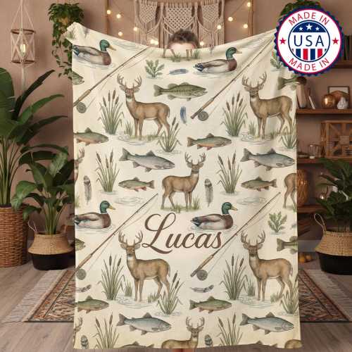 Personalized Hunting Blanket, Custom Name Fishing Deer Duck Blanket, Hunter Blanket, Outdoorsman Fishing Lover Gift, Woodland Cabin Decor