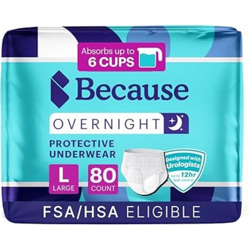 Because Overnight Absorbency Pull Ups - Adult Disposable Incontinence Underwear, Extra Absorbent Nighttime Briefs for Men and Women, White, Large, 80 Count (4 Packs of 20)