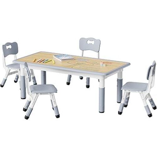 Brelley Kids Table and 4 Chairs Set, Height Adjustable Toddler Desk and Chair Set, Graffiti Desktop, Non-Slip Legs, Max 300lbs, Children Multi-Activity Table for Ages 2-8