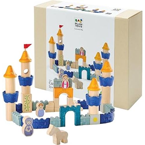 PlanToys® Castle Blocks Wooden Montessori Building and Imaginative Play Set | Creative Thinking, Fine Motor and Early STEM Learning Activity | Eco Friendly Open Ended Construction Toy