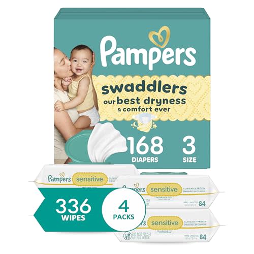 Diapers Size 3, 168 Count and Baby Wipes - Pampers Swaddlers Disposable Baby Diapers and Water Baby Wipes Sensitive Pop-Top Packs, 336 Count (Packaging May Vary)
