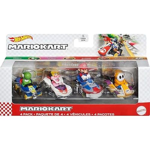 Hot Wheels Mario Kart Vehicle 4-Pack, Set of 4 Fan-Favorite Characters Includes 1 Exclusive Model, Collectible Gift for Kids & Fans Ages 3 Years Old & Up