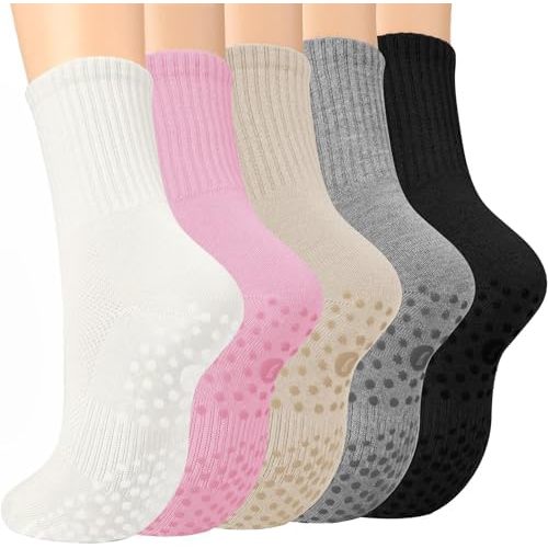 5 Pairs Pilates Socks for Women, Non Slip Grip Yoga Crew Socks for Athletic Barre Hospital Barefoot