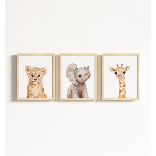 Design Your Own Little Painted Pals Gallery Wall: 16x20 Framed · Natural · No Mat · 3 prints · Lion: Classic, Elephant: Classic, Giraffe: Classic