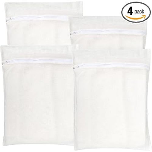 4-Piece White Large Durable Organic Cotton Mesh Laundry Bags with Sturdy Zippers and Breathable Mesh are Delicate Laundry Bags for Underwear, Clothes, Pants and Socks