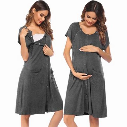 Ekouaer 3 in 1 Labor/Delivery/Hospital Gown Nursing Dress Maternity Nightgown Sleepwear for Breastfeeding with Button Light Grey L