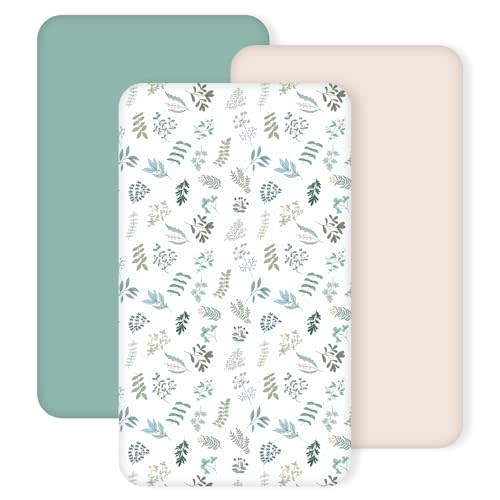 3 Pack Crib Sheets for Boys Girls – Fitted Crib Sheets for Standard Crib Mattress and Toddler Mattress, Ultra Soft Breathable Washable Polyester, 28x52inch, Mint Green & Leaf