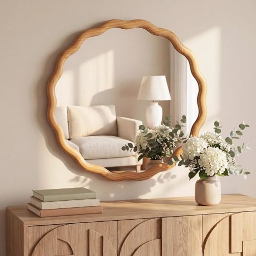 PERFNIQUE Scalloped Round Mirror 24", Wood Framed Nursery Wall Mirror with Tempered Glass, Decorative Wavy Edge Circle Mirror for Bedroom, Entryway or Living Room