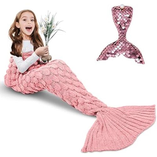 AmyHomie Mermaid Tail Blanket, Hand Crochet Mermaid Blanket for Kids, Super Soft Breathable Little Mermaid Tail Sleeping Bag, Best Mermaid Gifts for Girls(Light Pink, Kids)