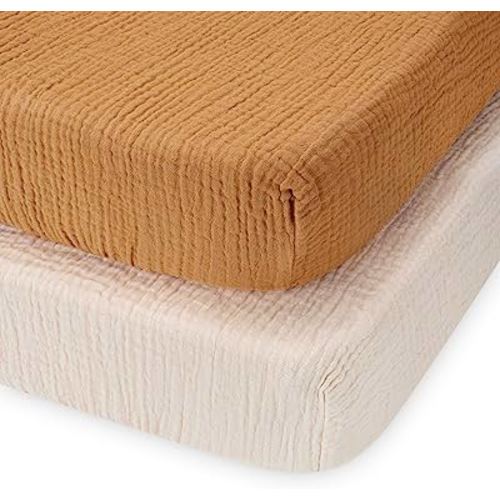 Blissful Diary Muslin Mini Crib Sheets, Pack and Play Mattress Sheets Fitted for Pack N Play, Soft Cotton for Boys Girls, 2 Pack(Retro Yellow&Beige)