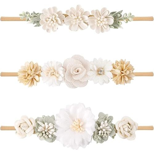 cherrboll 3pcs Baby Girl Headbands Flowers, Super Soft & Stretchy Nylon Floral Hairbands for Newborn Toddler