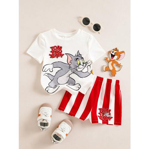 TOM & JERRY X SHEIN 2pcs Baby Boy Summer Cute Cartoon Cat Print Round Neck Short Sleeve T-Shirt And Shorts Set