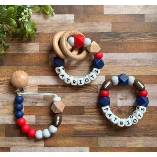 New England Patriots Baby Toy Collection - Pacifier Clip - Rattle Toy - Baby Patriots Toy Rattle - Red - Navy - Football - Baby Gift