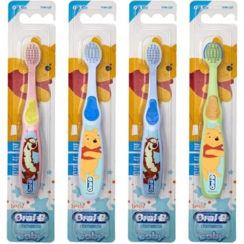 Oral-B Baby Manual Toothbrush, Pooh Characters, 0-3 Years Old, Extra Soft (Characters Vary) - Pack of 4