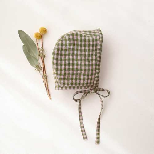 Baby Linen Bonnet | Color Grass Green Gingham
