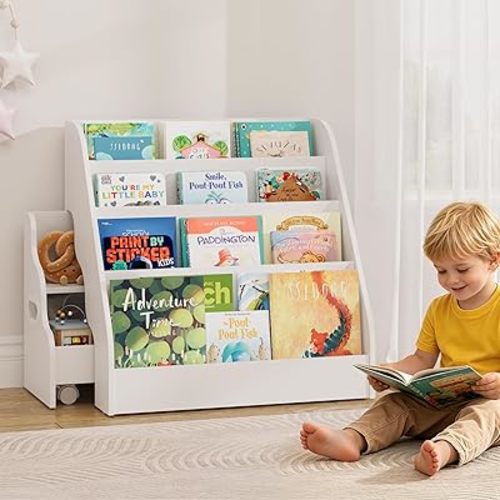 Montessori Kids Bookshelf - Toddler Nursery 4 Tier Wooden Kids Book Shelf, Display Book Shelf for Kids Rooms, Children Bookcasewith Toy Rolling Cart, for Toddler Nursery, Playroom & Classroom