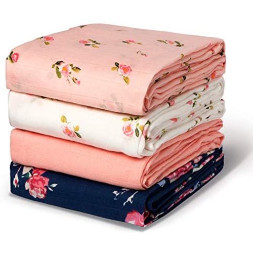 Momcozy Baby Blankets for Girls Boys, Large & Soft Baby Swaddle Blanket, Breathable Bamboo Muslin Swaddle Blankets, New Born Essentials for Baby, Floral Pattern, 4 Pack