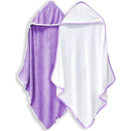 2 Pack Baby Bath Towel - Rayon Made from Bamboo, Ultra Soft Hooded Towels for Babies,Toddler,Infant - Newborn Essential -Perfect Baby Registry Gifts for Boy Girl (White and Violet, 30 x 30 Inch)