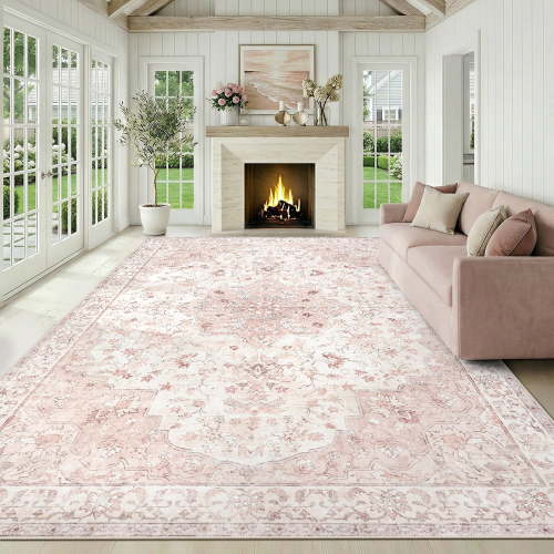 CHITOOMA 8'x10' Machine-washable Area Rugs for Living Room, Boho Floral Area Rugs with Non-Slip Backing, Stain Resistant Non-Shed Carpet for Bedroom, Dining Room, Dorm, Office