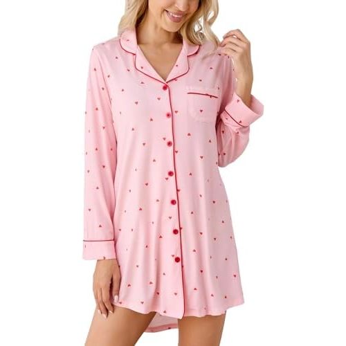 Samring Pajama Nightgown for Women Short/Long Sleeve Button Down Nightwear Top Boyfriend Sleep Shirts Nightdress S-XXL