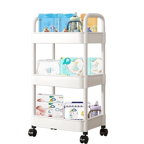 Baby Diaper Caddy, Plastic Movable Diaper Cart with Wheels Newborn Nursery Essentials Baby Diapers Organizer for Changing Table & Crib, Easy to Assemble, White