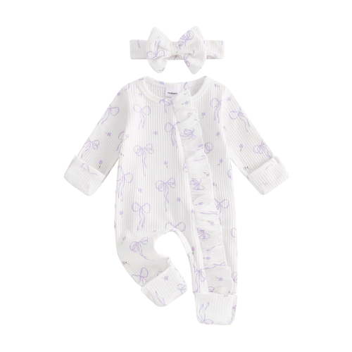 BemeyourBBs Baby Girl Spring Fall Winter Clothes Newborn Baby Girl Hospital Going Home Outfit Ribbed Footed Romper Bow Print Long Sleeve Full Length Ruffle Zipper Footie Jumpsuit Headband