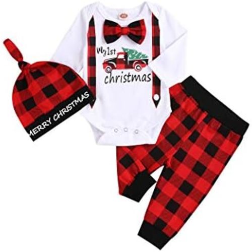 My First Christmas Newborn Girl Boy Xmas Outfits Bow Bodysuit Pants Plaid Hat Infant Christmas Clothes Set