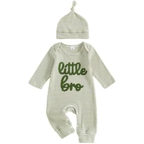 Tsnbre Newborn Baby Boy Clothes Little Bro One Piece Romper Jumpsuit Ribbed Knit Long Sleeve Striped Bodysuit with Hat