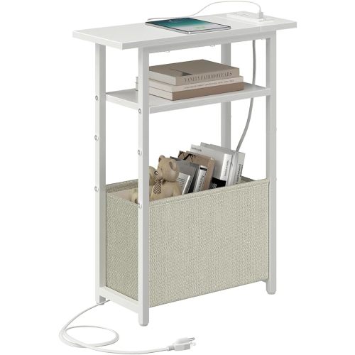 Narrow Side Table with Charging Station, Small End Table for Small Spaces, Skinny Nightstands with Storage Basket, 3 Tier Sofa Couch Bedside Tables for Living Room,Bedroom, White