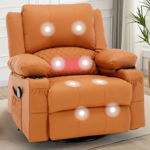 Oversized Manual Swivel Rocker Recliner Nursery Rocking Glider Chair Orange | Wide Seat, Overstuffed, Cup Holders, Faux Leather, Living Room Lounge Chair