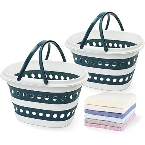 2 Pack Compact Collapsible Laundry Basket, Small Pop-Up Hamper, Blue