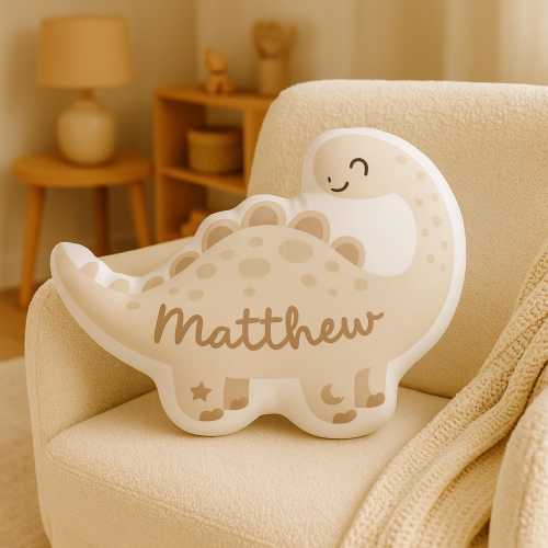 Personalized Dinosaur Shape Pillow – Custom Name Plush in Neutral Tones, Nursery Decor