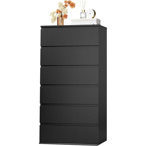 FOTOSOK Black Dresser, 6 Drawer Dresser, Modern Tall Black Storage Chest of Drawers Wood Dressers with Metal Sliding Rail, Handleless Drawer Cabinet for Home & Office