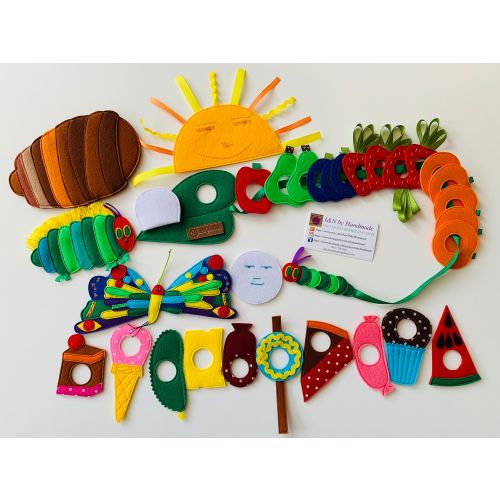 Felt Very Hungry Caterpillar lacing toy sensory interactive play fruits vegetables cakes butterfly cocoon developing game story with holes