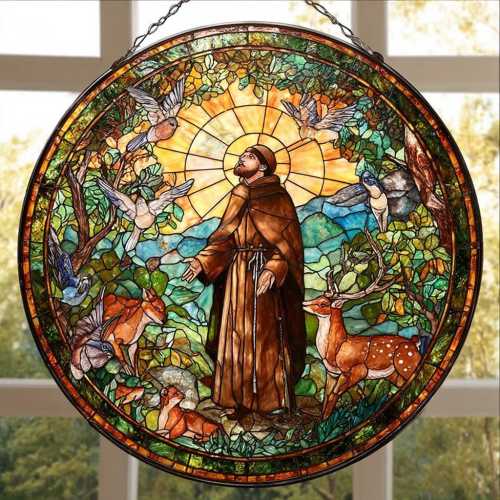 St Francis Of Assisi Glass Suncatcher, Peaceful Animal Scene Religious Window Hanging,  Nature Gift for Spiritual and Animal Lovers