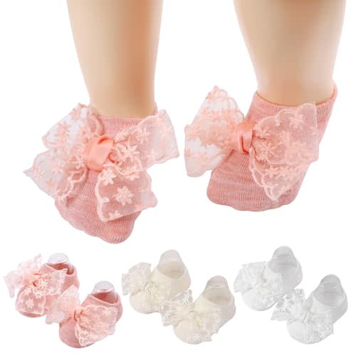 LIYAZHIL 3 Pairs Baby Girls Socks, Lace Bow Non-Slip Grips Sock Toddler Princess Low Cut Ankle Socks for Newborn,Infant