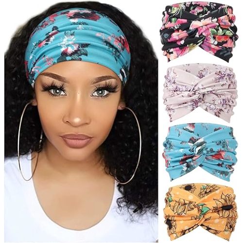 DRESHOW 4 Pack Turban Headbands for Women Wide Vintage Head Wraps Knotted Cute Hair Band Accessories