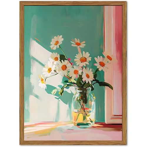 Framed Moody Floral Canvas Wall Art, Vintage Daisy Flower Pictures Wall Decor, Rustic Wildflower Paintings Prints Cottagecore Home Decor for Living Room Bedroom Bathroom 12x16 inch