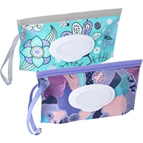 FEBSNOW 2 Pack Baby Wipe Dispenser, Reusable Portable Wipe Holder, Baby Wipes Container, Travel Baby Wipes, Refillable Wet Wipe Pouch (Floral)