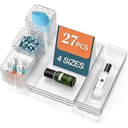 27 Pack Clear Plastic Drawer Organizer Set - 4 Sizes Makeup Vanity Organizer Chest of Drawers Storage Stackable Organizers Bins Divider Box for kitchens, Bedrooms, Bathrooms, Offices, Junk, Gadgets