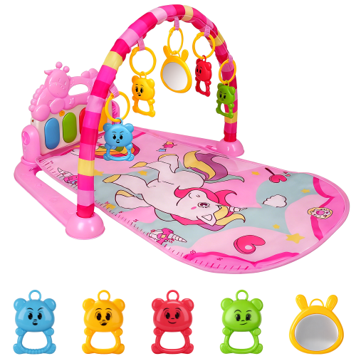 Baby Play Mat Baby Gym,Funny Play Piano Tummy Time Mat Baby Mat with 5 Infant Sensory Baby Toys, Music and Lights Boy & Girl Gifts for Newborn Baby 0-12 Months,Pink