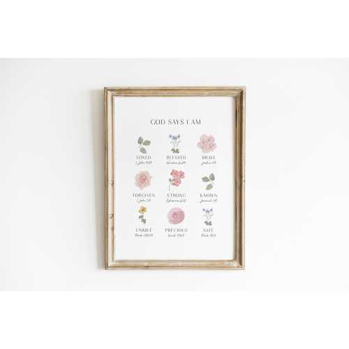 God Says I Am Nursery Wall Art Soft Pink Floral Scripture Print Christian Girl Room Botanical Bible Verse Poster Shabby Chic Art XFGS6-A1