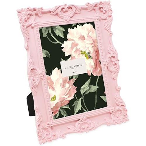 Laura Ashley 5x7 Pink Ornate Textured Hand-Crafted Resin Picture Frame with Easel & Hook for Tabletop & Wall Display, Decorative Floral Design Home Décor, Photo Gallery, Art, More (5x7, Pink)