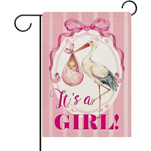 Dyrenson It's a Girl Gender Reveal Decorative Garden Flag, Newborn Stork Pink Bow Yard Outside Home Decoration Gift for New Dad Mom, Baby Shower Baptism Party Outdoor Small Decor Double Sided 12 x 18
