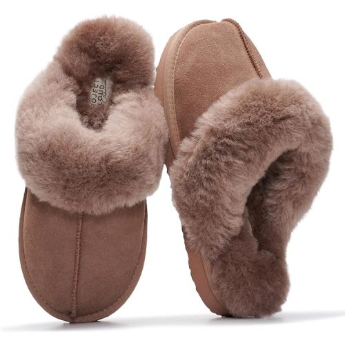 100% Genuine Leather Womens Natural Fur-Lined Clog Slippers for Women