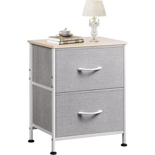 WLIVE Night Stand, Gray Nightstand with 2 Fabric Drawers, Small Dresser for Bedroom, Closet, College Dorm, End Table Side Furniture, Wood Top, Light Grey