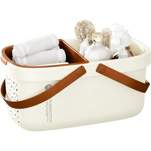 Pulseplay Plastic Shower Caddy Basket with Handle Portable Bath Tote Basket Bin for Bathroom Kitchen College Dorm Gym(Cream)